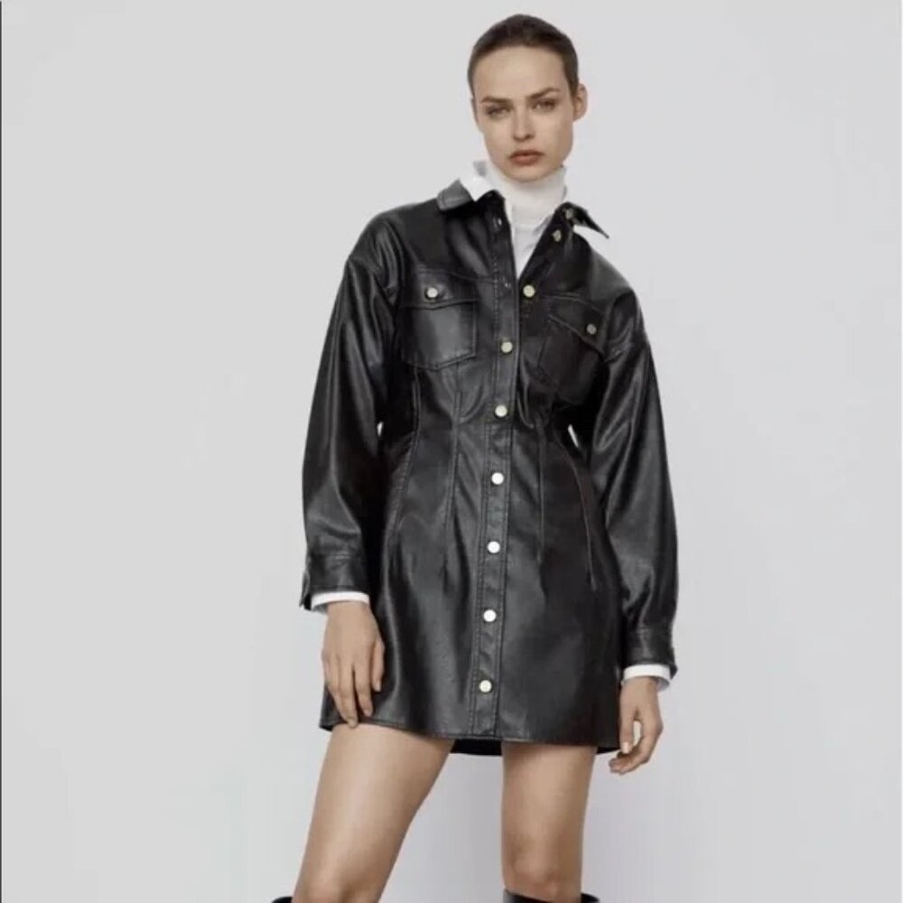Zara NEW Faux Leather Dark Brown Distressed Mini Dress